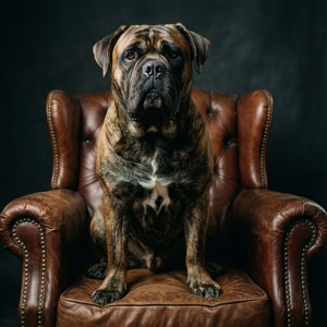 一隻大型虎斑獒犬坐在棕色皮扶手椅上。 — Pixel Watch 4 壁紙