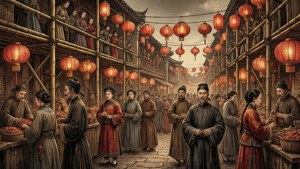 一幅以復古褐色調繪製的歷史燈會場景插畫。