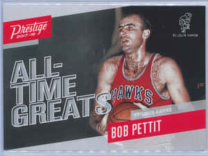 Bob Pettit 穿著紅色老鷹隊球衣，在復古交易卡上手持籃球。 — 運動 壁紙