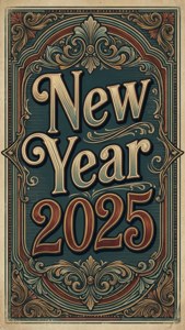 復古裝飾2025年新年海報，帶有金色和藍綠色裝飾邊框。 — 9:16 壁紙