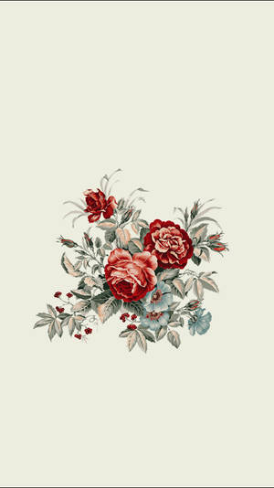 復古花卉插圖，奶油色背景上繪有紅玫瑰和藍色花朵 — 花朵 壁紙