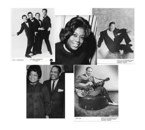 五張1960年代音樂家黑白肖像的拼貼，包括The Four Seasons和Aretha Franklin。 — 拼貼 壁紙