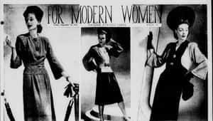 三位1940年代女性在復古雜誌版面中展示優雅的連衣裙和帽子。 — 中世紀 壁紙
