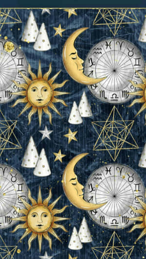 包括太陽、月亮、星座輪和星星在深藍色背景上的天體符號。 — 月亮與星星 壁紙