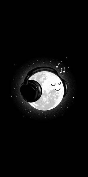 微笑的月亮戴著耳機，音符在繁星點點的夜空中飄浮。 — 月光 壁紙