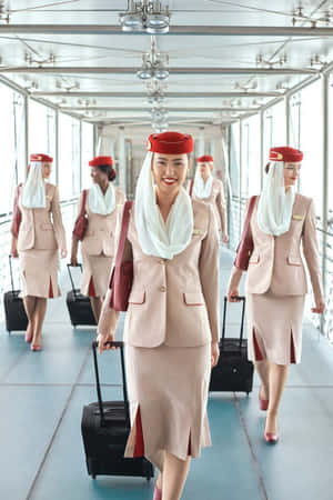 身穿粉紅色制服的空中服務員帶著行李走在飛機走廊上 — 杜拜 壁紙