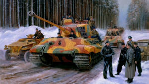 冬季戰爭期間，德國軍用坦克和士兵在積雪的森林中。 — 軍事動圖 壁紙