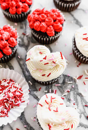 心形 cupcakes 配上紅色和白色裝飾糖粒，置於大理石檯面上。 — 杯子蛋糕 壁紙