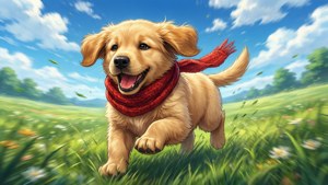 一隻快樂的金色小狗戴著紅色圍巾在草地上奔跑。 — 動漫狗 壁紙