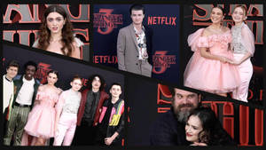 《怪奇物語》演員在 Netflix 活動中於紅色品牌背景前擺姿勢。 — 怪奇物語 4 壁紙