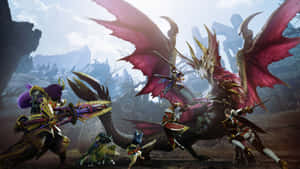 怪物獵人在山谷中與一隻巨大的紅龍戰鬥。 — 魔物獵人 壁紙