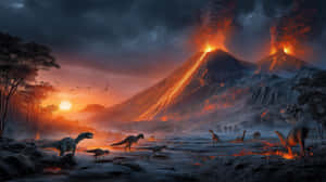 恐龍在噴發的火山附近行走，熔岩在熾熱的日落天空下流動 — 天空 壁紙