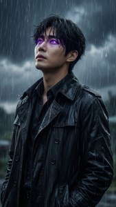 雨中穿著黑色風衣、擁有發光紫色眼睛的男人 — 我獨自升級 壁紙