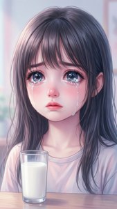 一個哭泣的動漫女孩，黑髮，坐在桌子旁，面前有一杯牛奶。 — 動漫迷因 壁紙