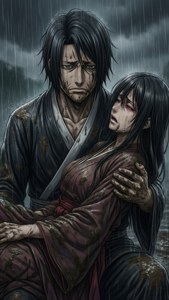 兩個動漫角色穿著濕透的傳統衣服在暴風雨中擁抱。 — 帶土 壁紙
