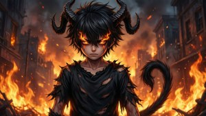 年輕的惡魔，有角和火熱的眼睛，在燃燒的城市廢墟中。 — ROG Ally 壁紙
