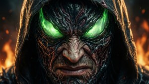 Spawn 臉部特寫，散發綠色光芒的雙眼與兇猛表情。 — 生成 壁紙