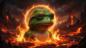 火山景觀中被火焰包圍的紅眼綠蛙。 — 佩佩蛙 GIF 壁紙