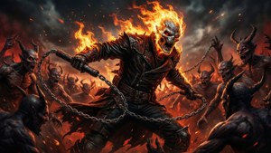 Ghost Rider 在烈火地獄中揮舞鎖鏈對抗惡魔敵人。 — 鬼 Rider 壁紙