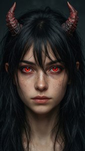 黑暗背景中，一位擁有惡魔角和發光眼睛的少女的逼真肖像。