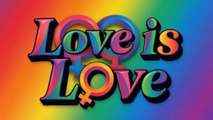 在彩虹漸變背景上，帶有性別符號的粗體彩色文字「Love is Love」。 — 女同志 GIF 壁紙