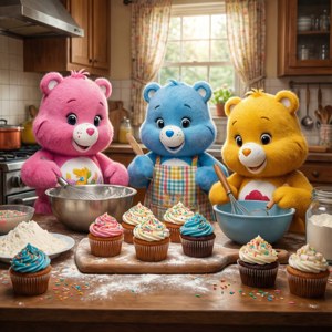 三隻Care Bears在陽光明媚的廚房裡烘焙撒有糖粒和糖霜的杯子蛋糕。 — Pixel Watch 4 壁紙