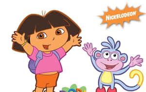 愛探險的Dora和Boots與Nickelodeon標誌一起開心揮手。 — 愛探險的朵拉 壁紙