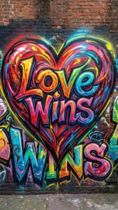 磚牆上帶有「Love Wins」訊息的彩色塗鴉心形。 — 愛情藝術 壁紙