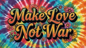 在紮染背景上，粗體「Make Love Not War」文字帶有和平符號和花朵。