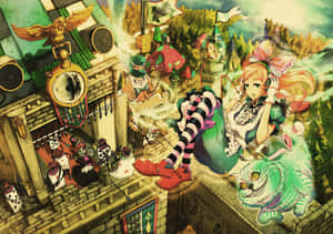 愛麗絲夢遊仙境角色在帶有時鐘和蘑菇的奇幻花園中。 — 魔法森林 壁紙