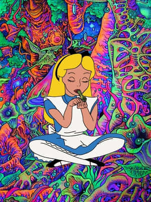 愛麗絲夢遊仙境在充滿活力的超現實森林中冥想，周圍有發光的植物。 — 3:4 壁紙