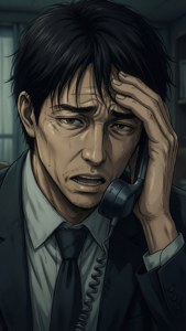 一個穿著西裝哭泣的男人在昏暗的房間裡拿著電話貼在耳邊。