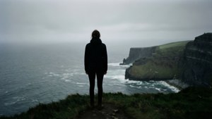 一個人在陰天獨自站在懸崖上俯瞰海洋。 — 憂鬱美學 壁紙