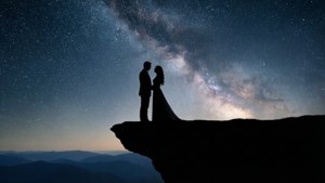 剪影情侶在懸崖上，星空夜下，銀河拱橋。 — 愛情藝術 壁紙