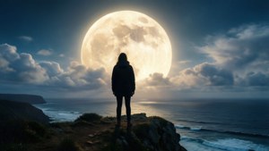 夜晚站在懸崖上觀看海洋上空巨大月亮的人 — 夢幻 GIF 壁紙