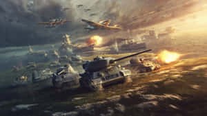坦克在海灘上開火，軍艦和飛機在熾熱的日落天空下戰鬥。 — 高畫質遊戲 壁紙