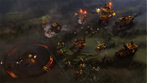 戰爭機器與士兵在雨中燃燒的戰場上戰鬥。 — 電玩遊戲 GIF 壁紙