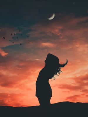 戴帽的人物剪影，以有月亮和鳥兒的多彩日落天空為背景。 — 日落 壁紙