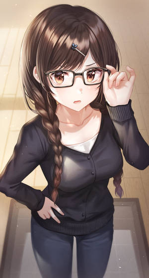 戴眼鏡和辮子的動漫女孩在室內調整眼鏡。 — 中性風格的動畫女孩 壁紙