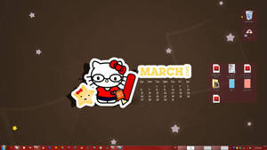 戴眼鏡和鉛筆的Hello Kitty在電腦桌面上，旁邊是2011年3月的日曆。 — 宅男 壁紙