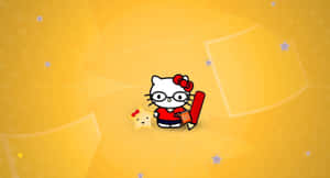 戴眼鏡的Hello Kitty在金色背景上，拿著一本書，旁邊有一顆微笑的星星。 — 宅男 壁紙