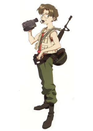 動畫角色身穿軍裝，手持攝錄機和步槍。 — 前衛動漫 壁紙
