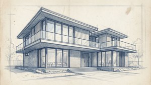 在紋理紙上繪製的現代房屋建築素描，帶有玻璃牆和陽台。 — 房地產 壁紙
