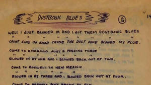 手寫的Dustbowl Blues歌詞，寫在黃色紙上，帶有塗鴉邊框。 — 音樂 壁紙