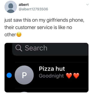 手機螢幕顯示Pizza Hut應用程式訊息「晚安」及兩個紅色愛心。 — 幽默 壁紙