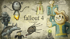 Fallout 4角色以卡通風格繪製在帶紋理的紙上，附有標語。 — 玩具總動員叉奇 壁紙