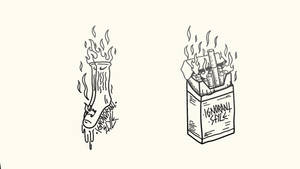 一隻燃燒的襪子和香煙包，均標有「IGNORANT STYLE」，在手繪草圖中。 — 插畫 壁紙
