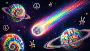 帶有紮染行星與和平標誌的迷幻太空場景。 — 嬉皮 壁紙