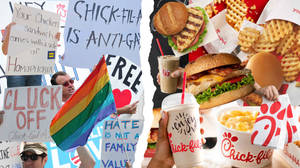 抗議者手持彩虹旗和標語反對Chick-fil-A，旁邊是其食品。 — 一個 壁紙