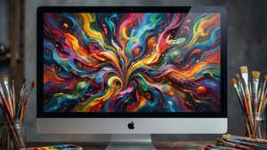 一台 iMac 展示色彩繽紛的抽象藝術。 — Mac 壁紙